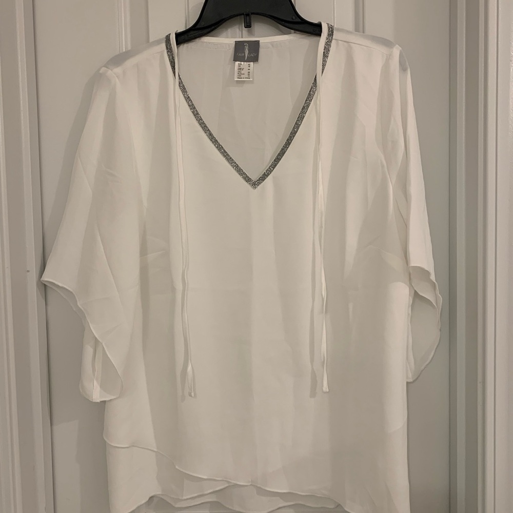 White Sheer Blouse with Silver Trim